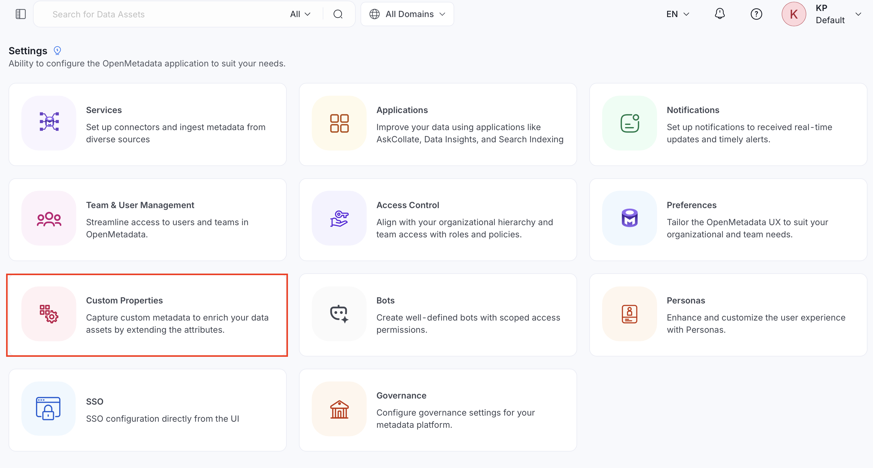 Settings page with the Custom Properties card highlighted
