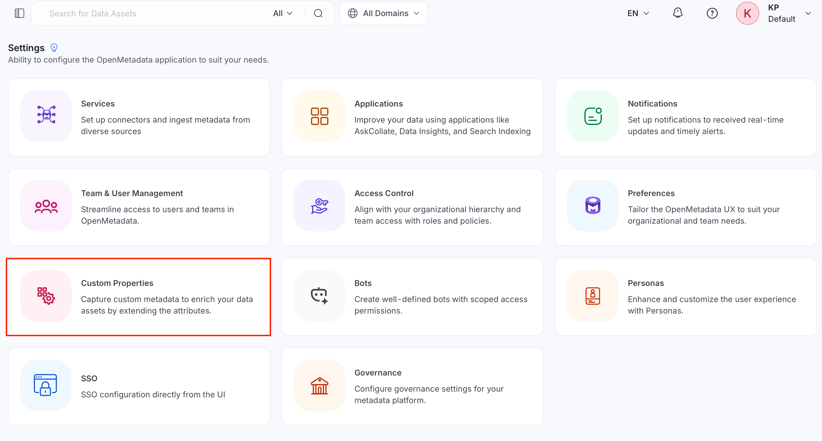 Settings page with the Custom Properties card highlighted