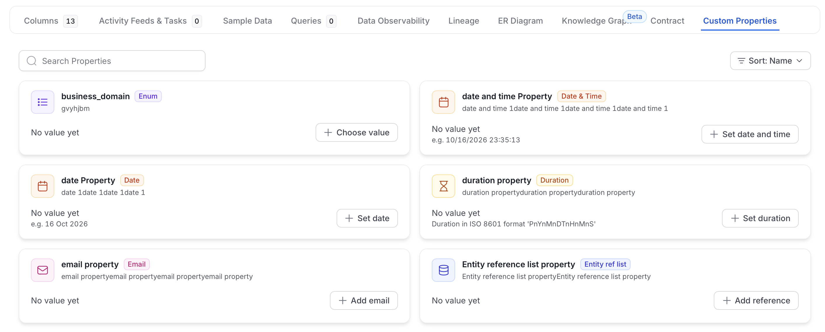 Custom Properties tab with cards for properties that have no value yet