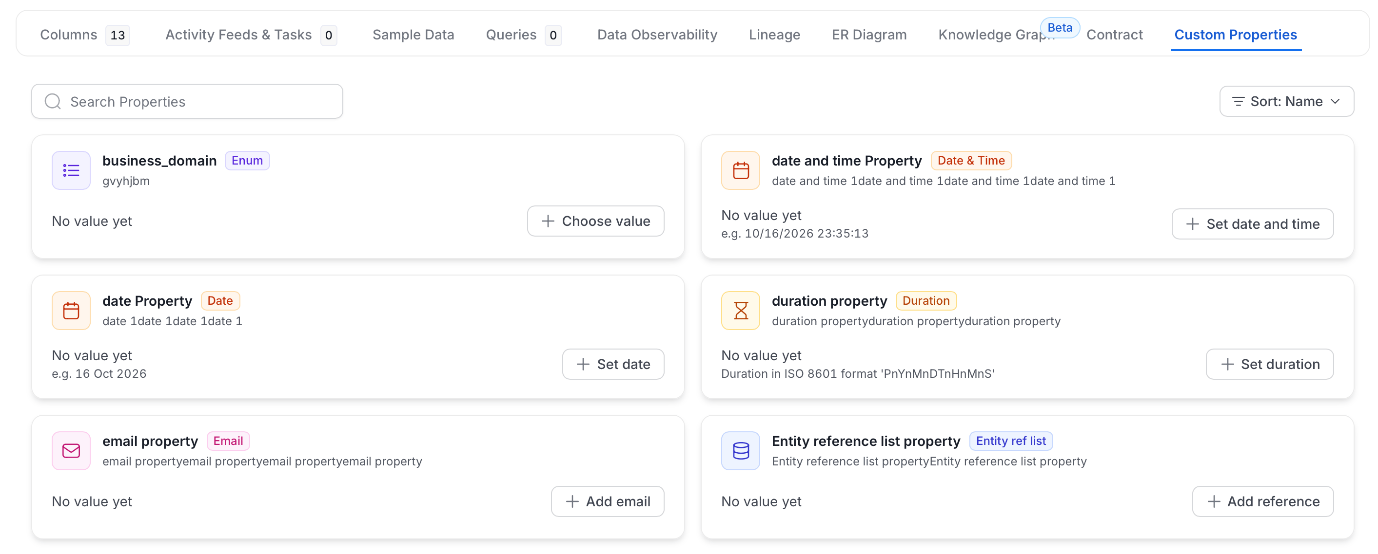 Custom Properties tab with cards for properties that have no value yet