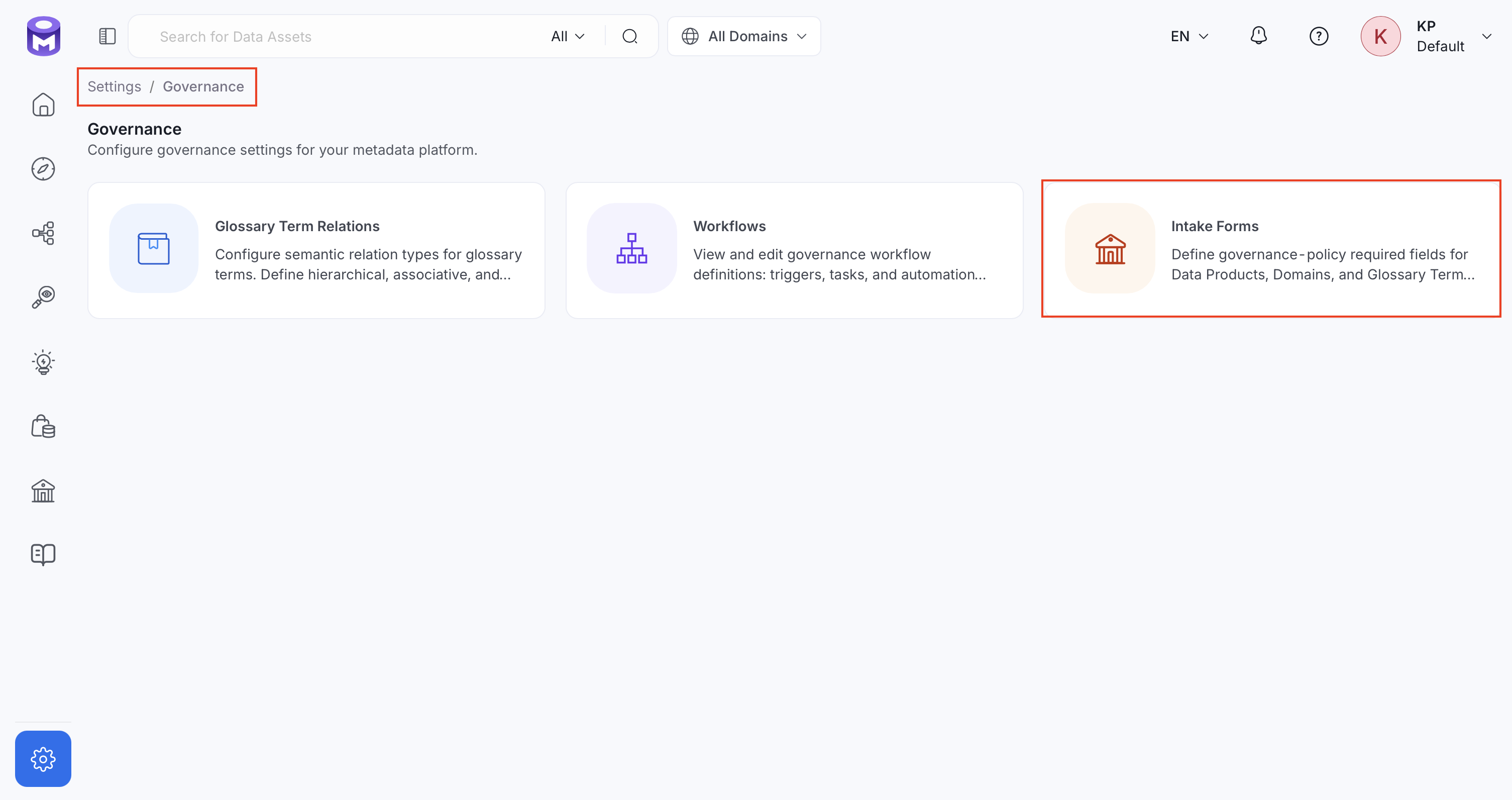 Intake Forms card under Settings > Governance
