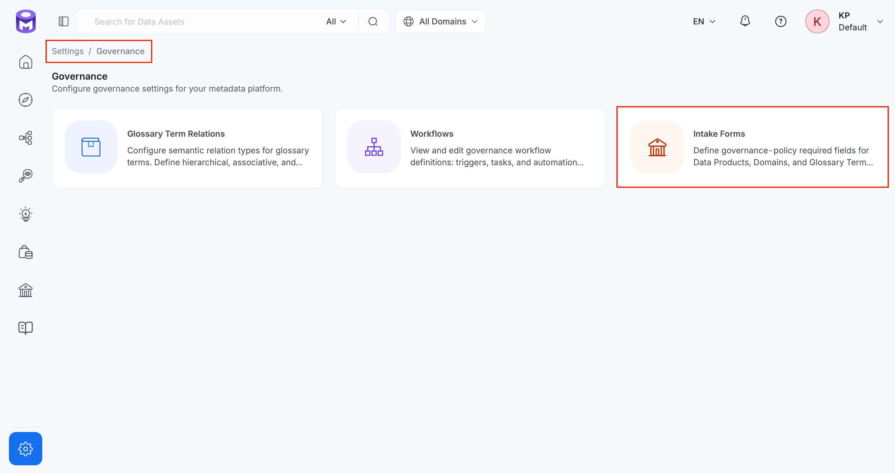 Intake Forms card under Settings > Governance