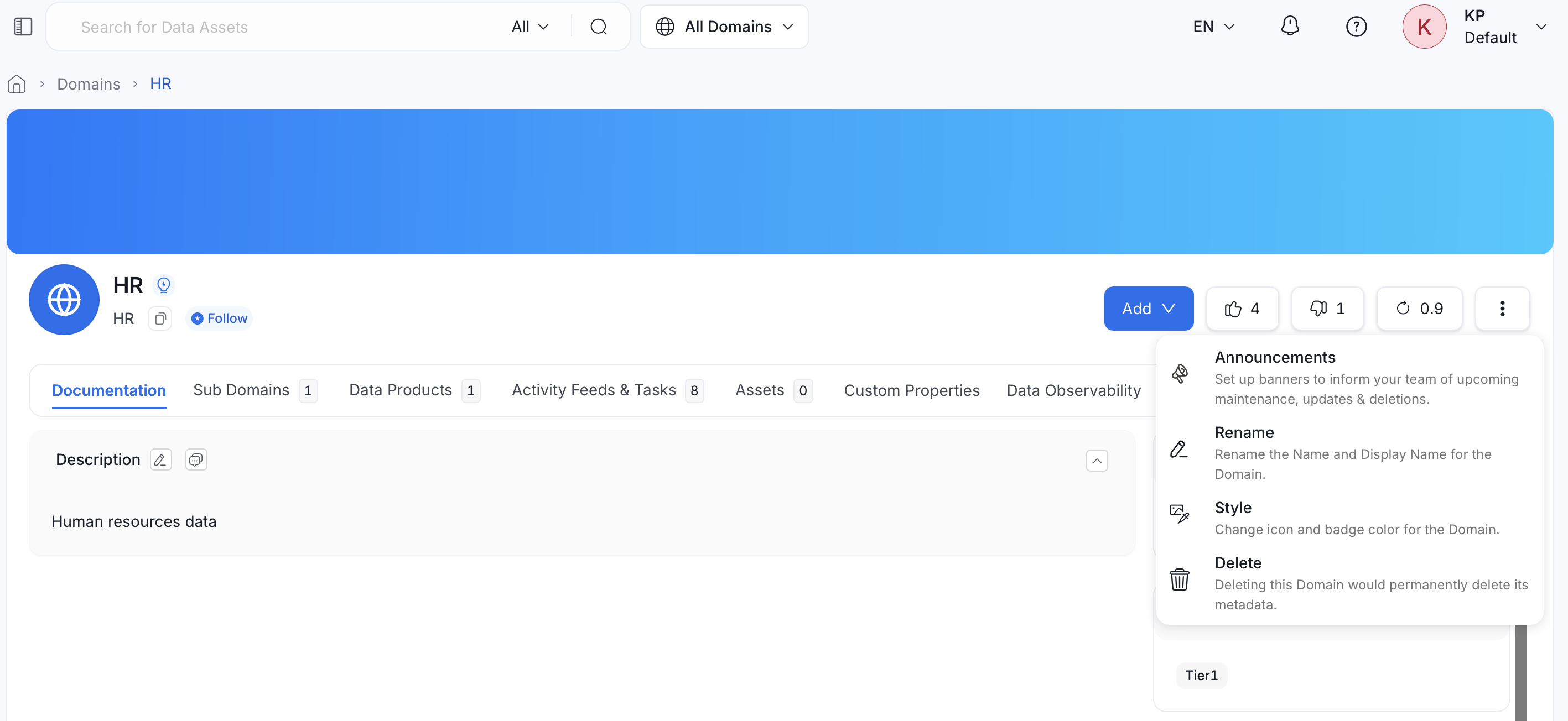 Domain more actions menu with Announcements, Rename, Style, and Delete