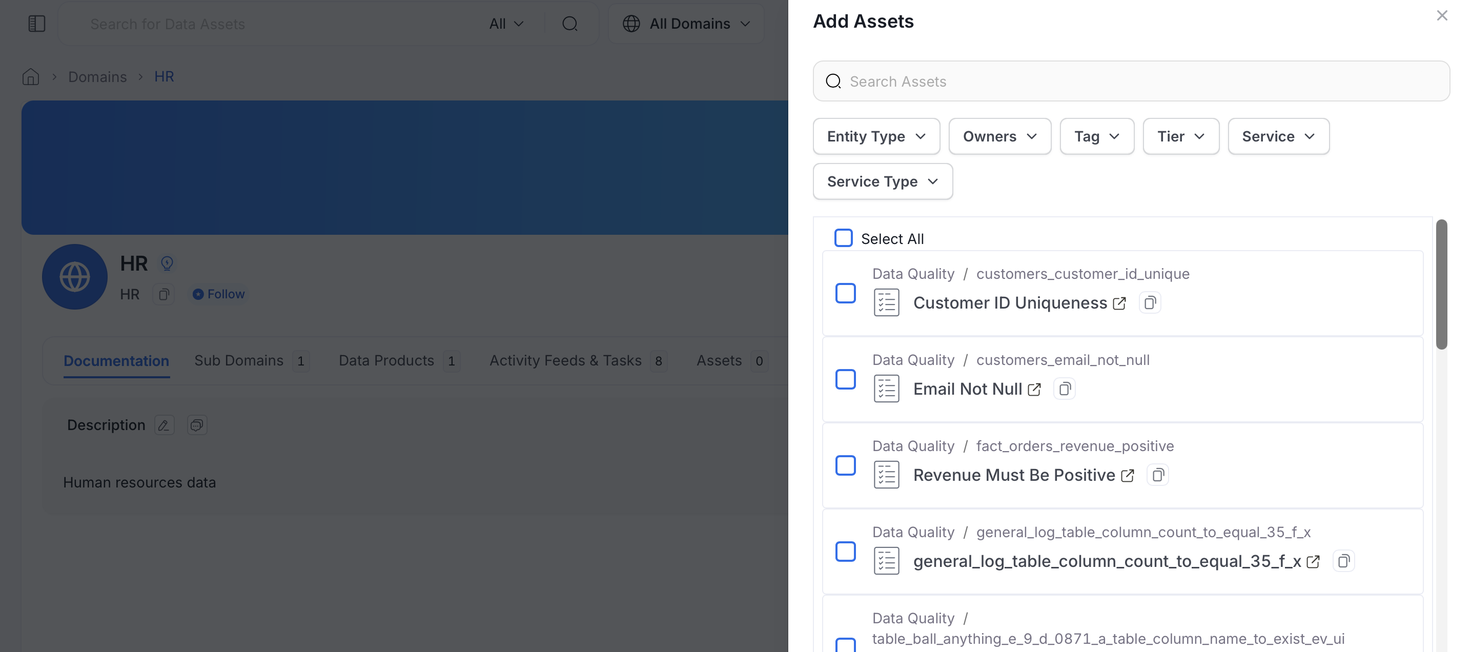 Add Assets panel on a domain, with search and filters