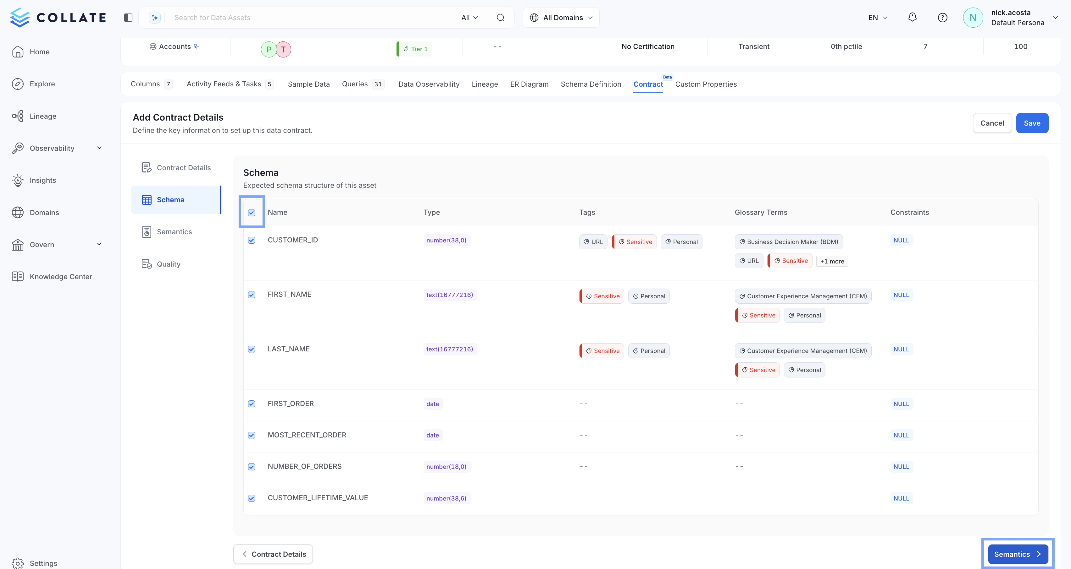 Selecting a schema for an OpenMetadata Data Contract