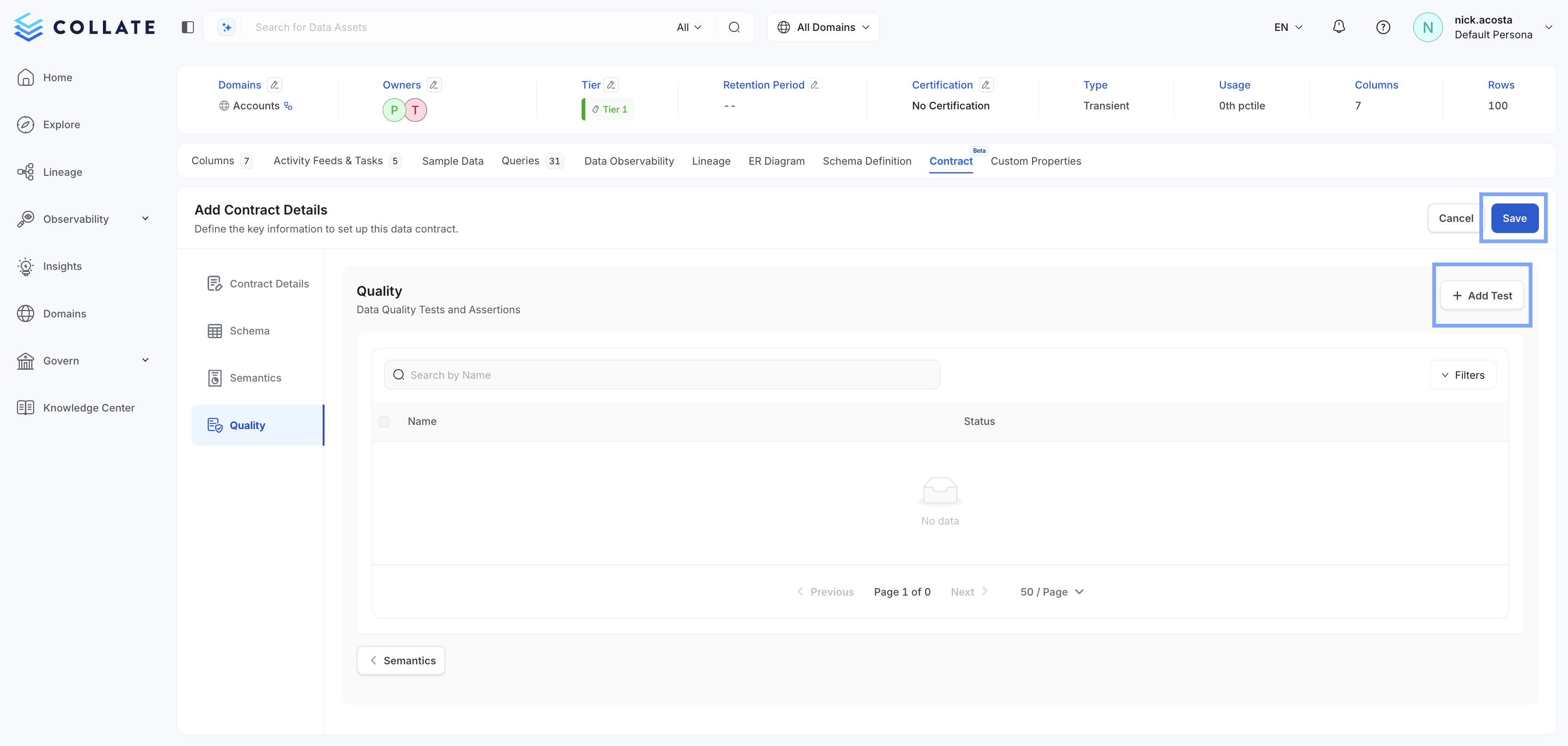 Adding data quality tests to an OpenMetadata Data Contract