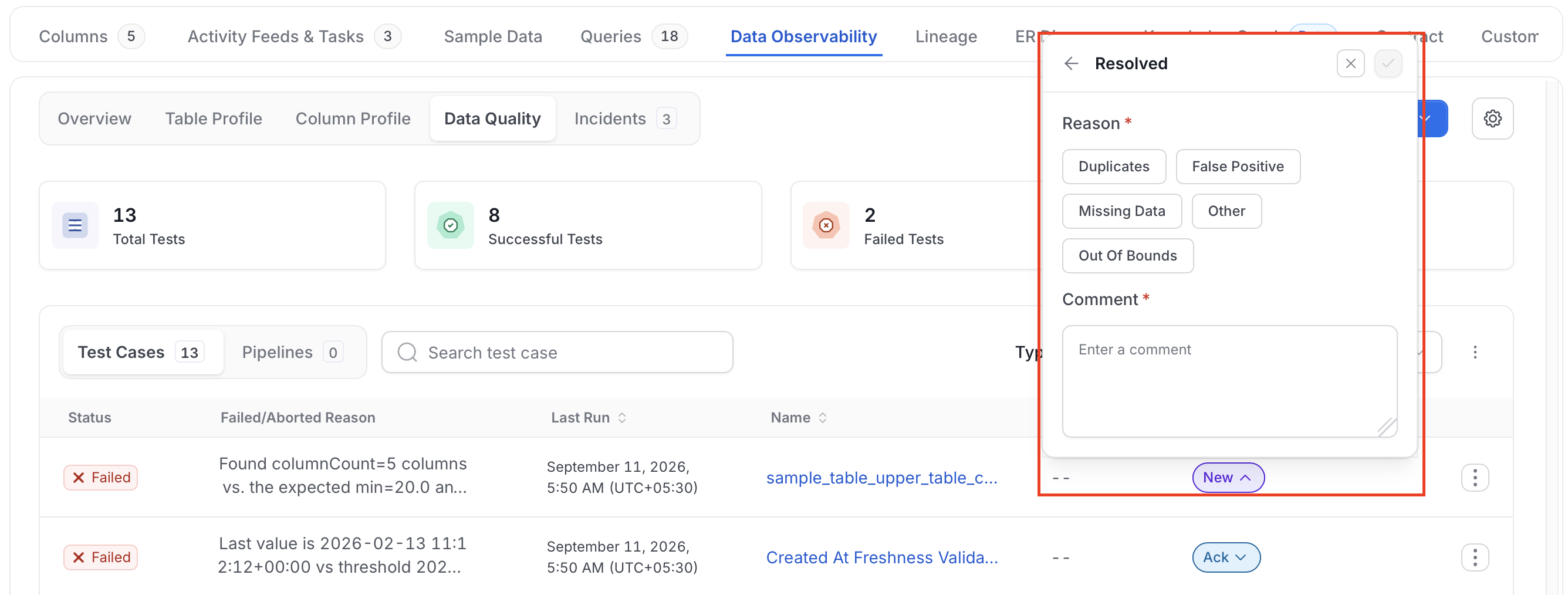 Resolved form with the Reason options and the Comment field