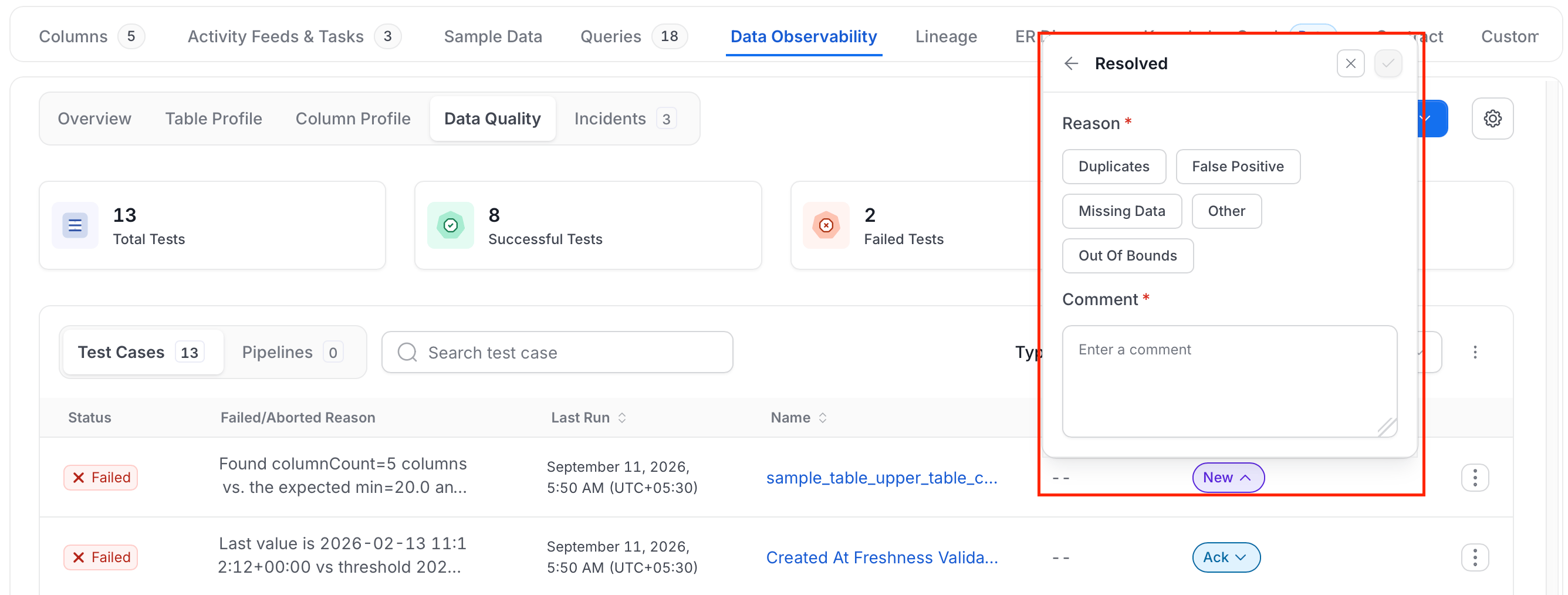 Resolved form with the Reason options and the Comment field