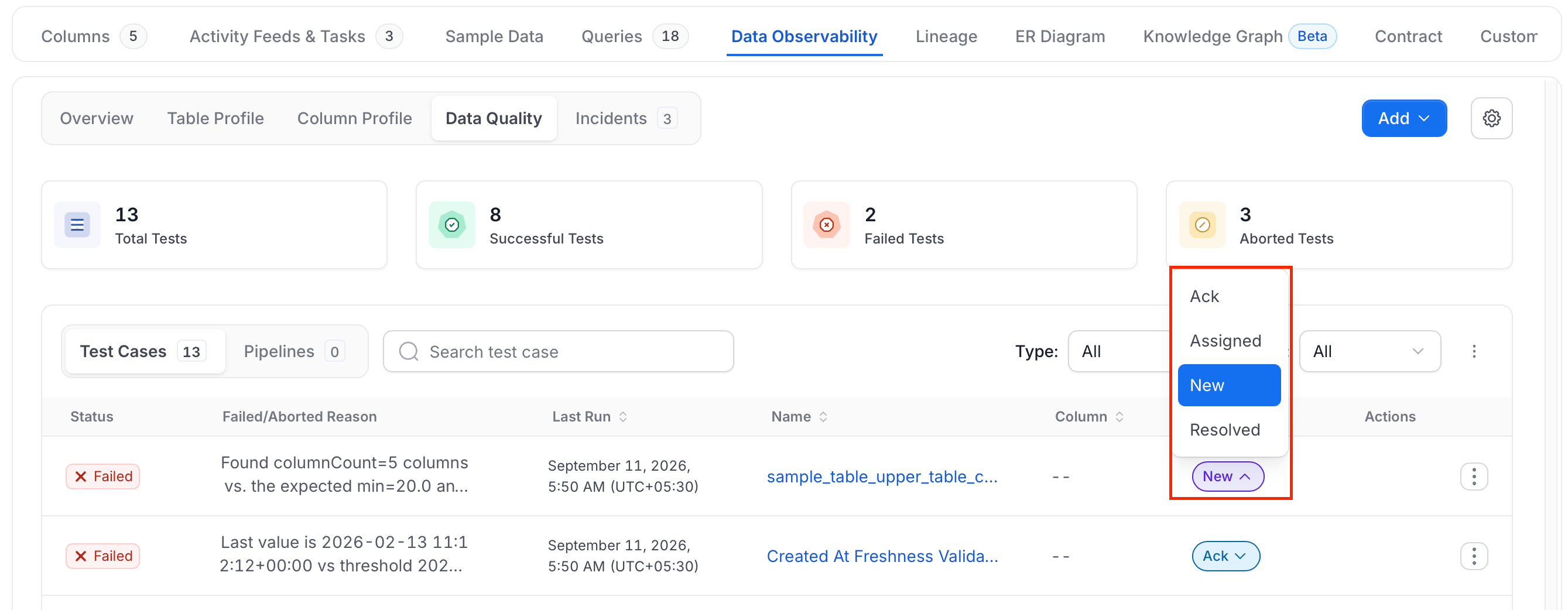 Incident status dropdown with the Ack, Assigned, New, and Resolved options