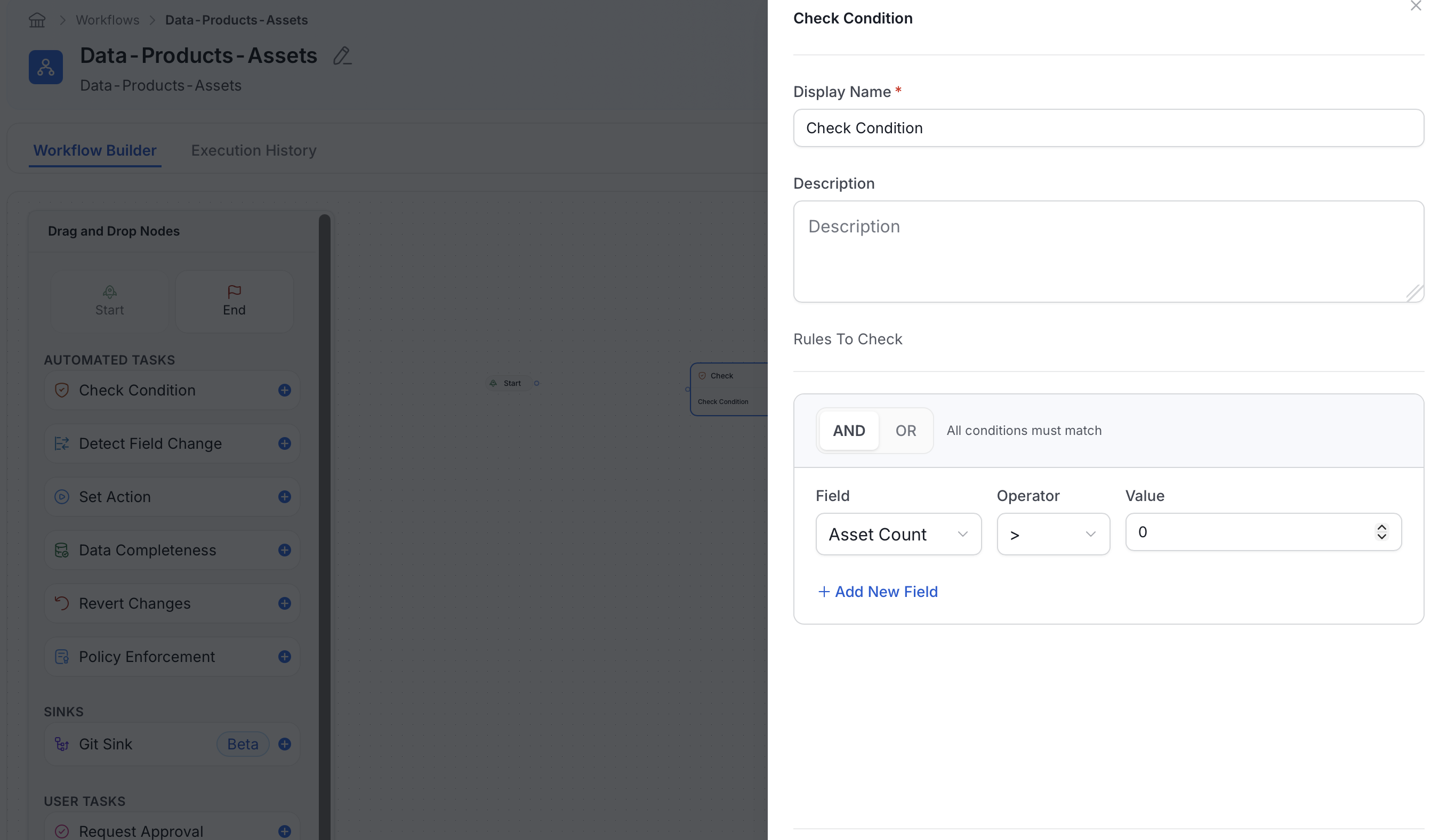 Check Condition configured with Asset Count greater than zero