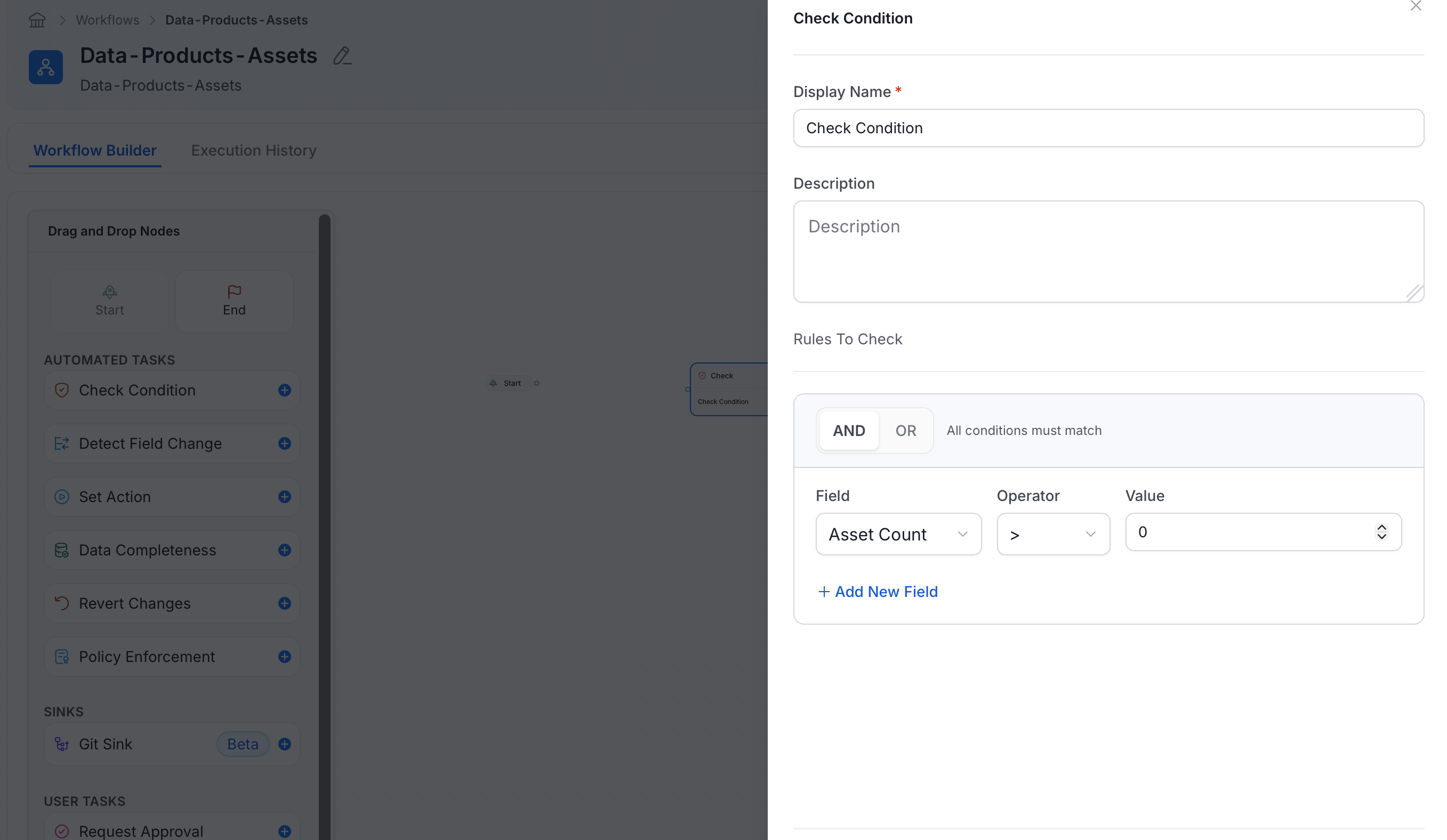 Check Condition configured with Asset Count greater than zero