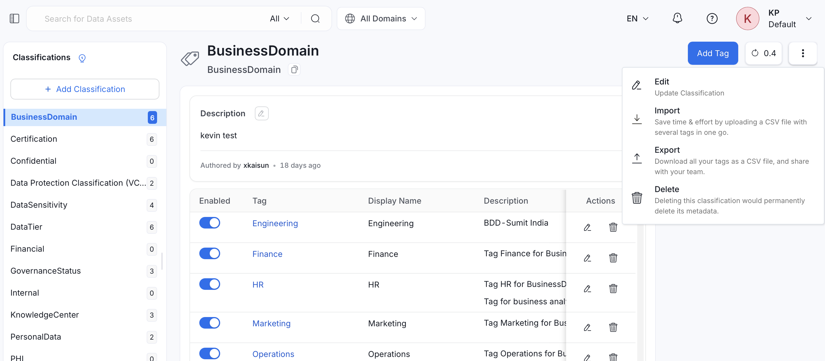 Classification menu with Edit, Import, Export, and Delete options