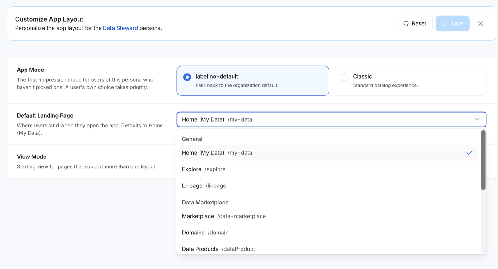 Default Landing Page dropdown with pages grouped by section