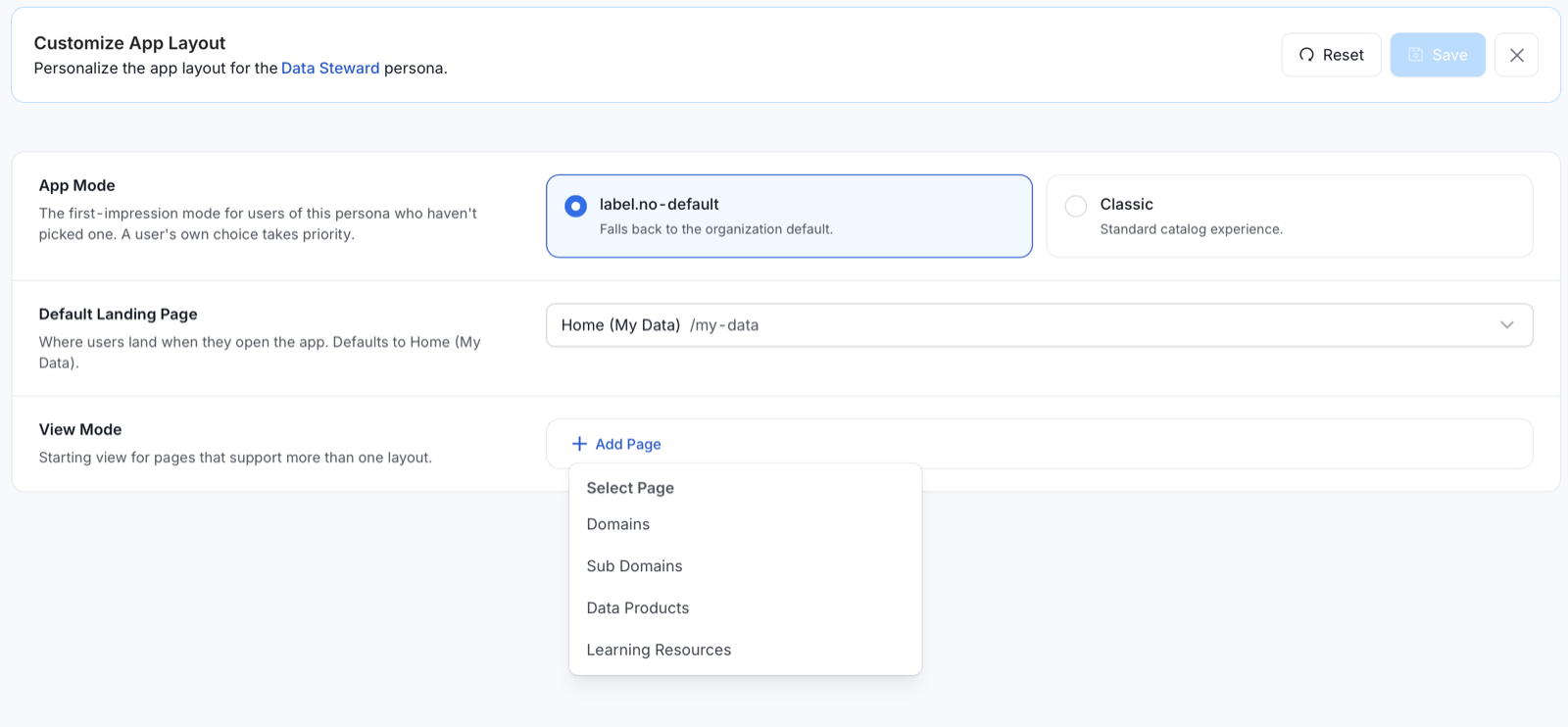 View Mode Add Page menu listing Domains, Sub Domains, Data Products, and Learning Resources