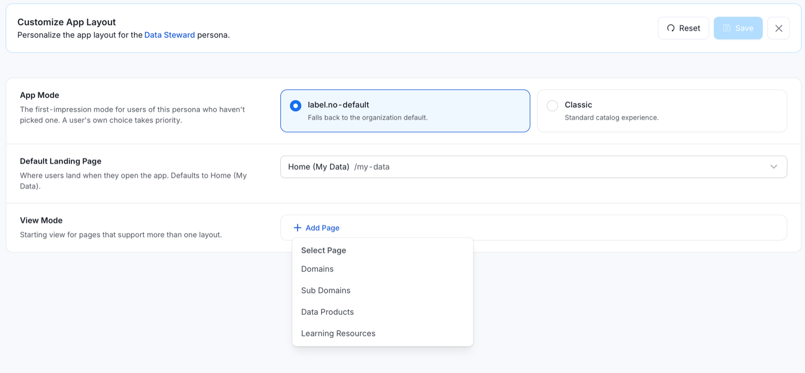 View Mode Add Page menu listing Domains, Sub Domains, Data Products, and Learning Resources