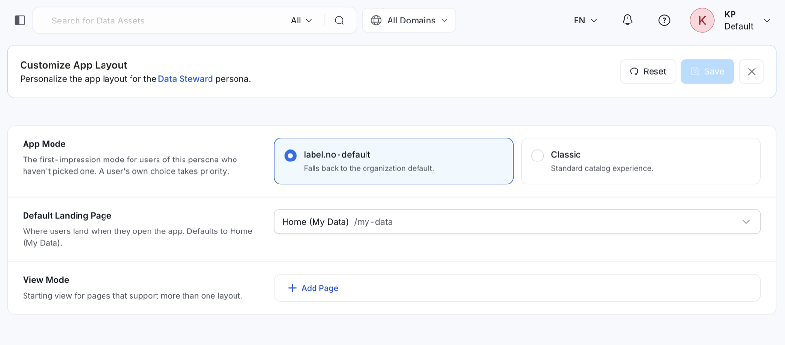Customize App Layout page with App Mode, Default Landing Page, and View Mode settings