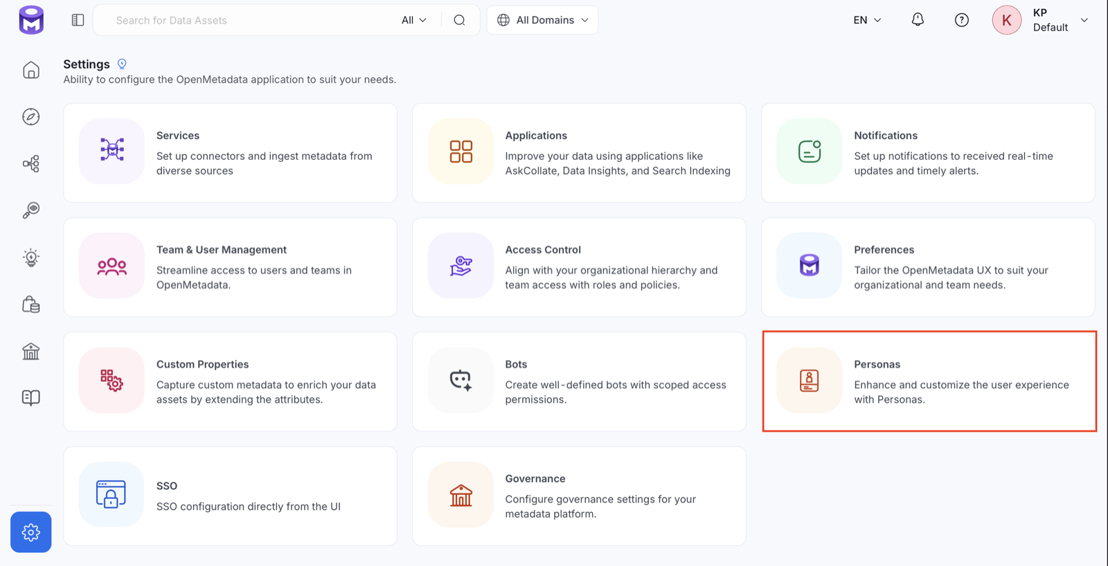 Settings page with the Personas card highlighted