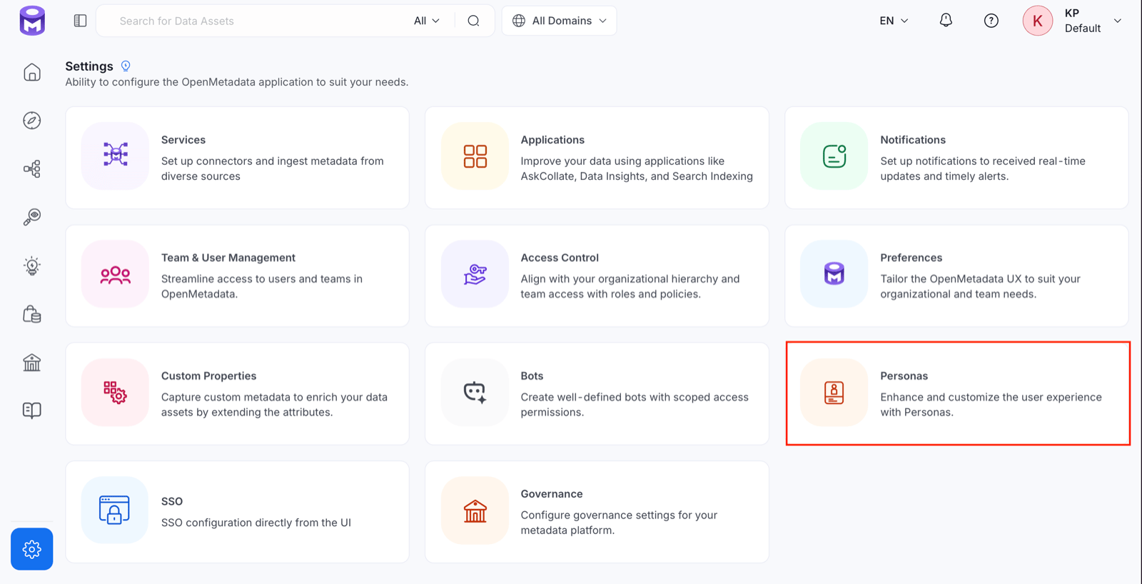Settings page with the Personas card highlighted