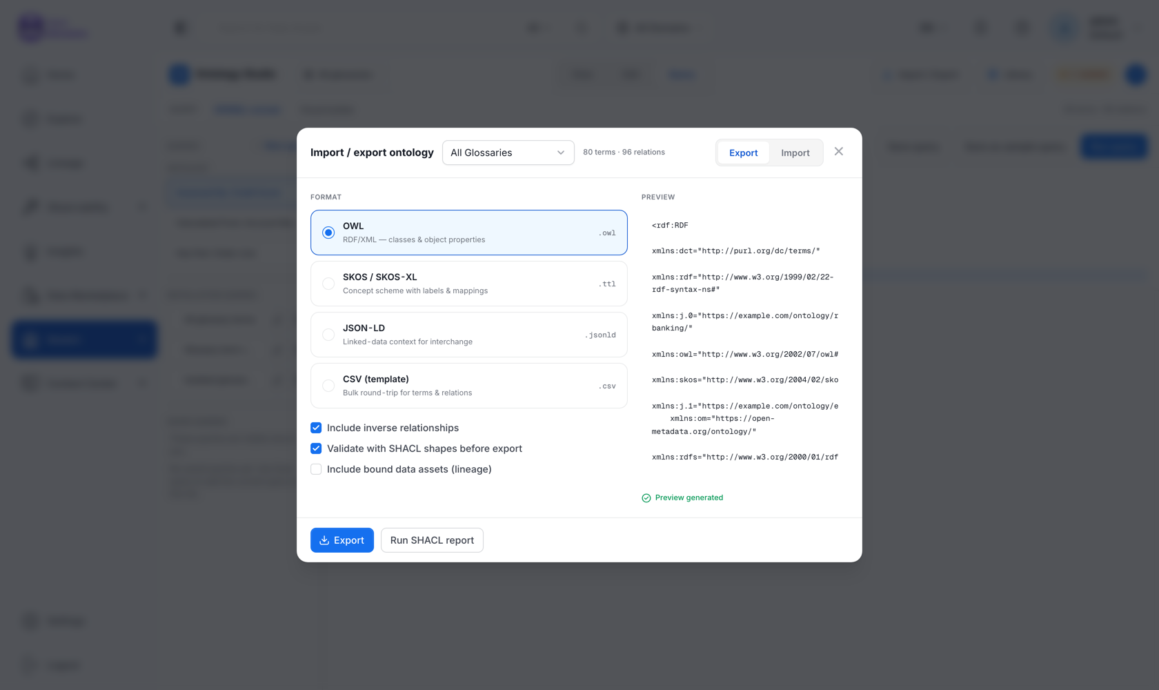 Ontology import and export dialog with a live serialization preview