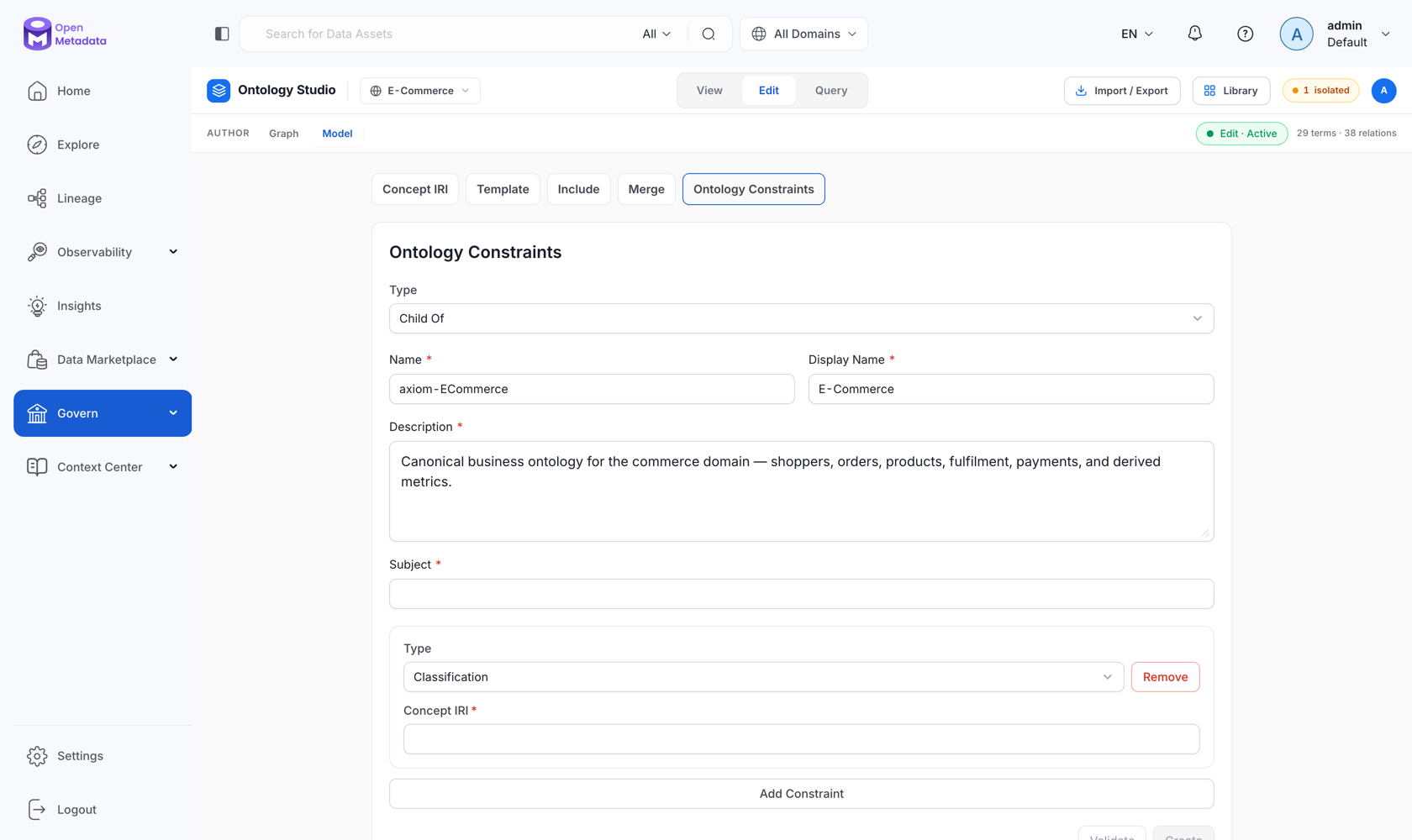 Ontology Constraints tab in the Model workbench