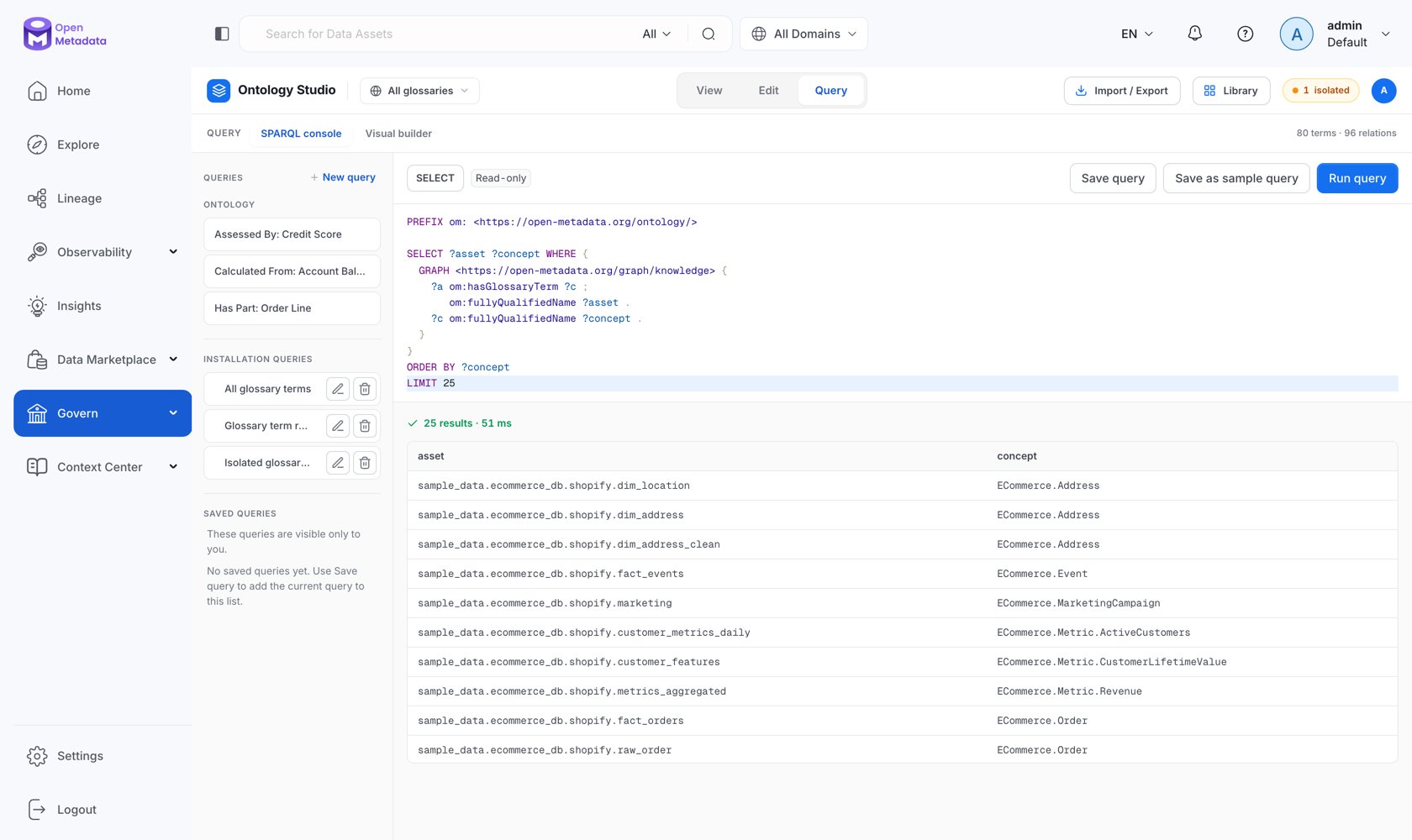 Ontology Studio SPARQL console with results
