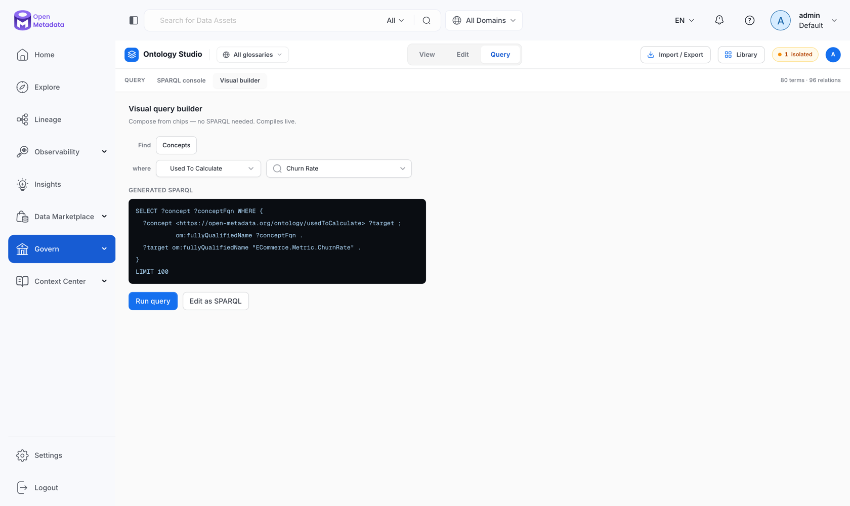 Ontology Studio visual query builder with the generated SPARQL