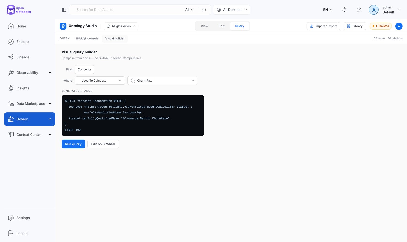 Ontology Studio visual query builder with the generated SPARQL