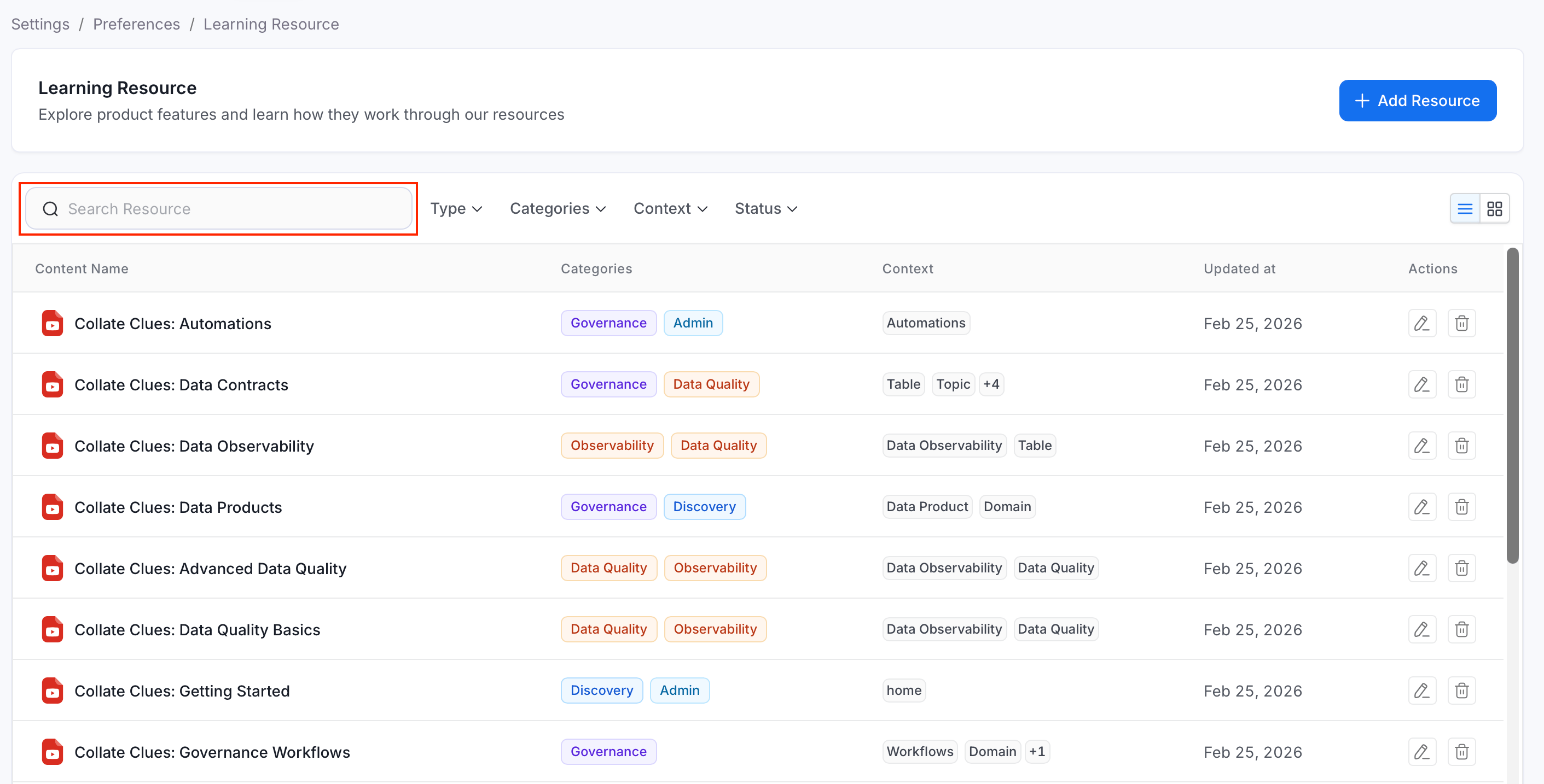Search resources