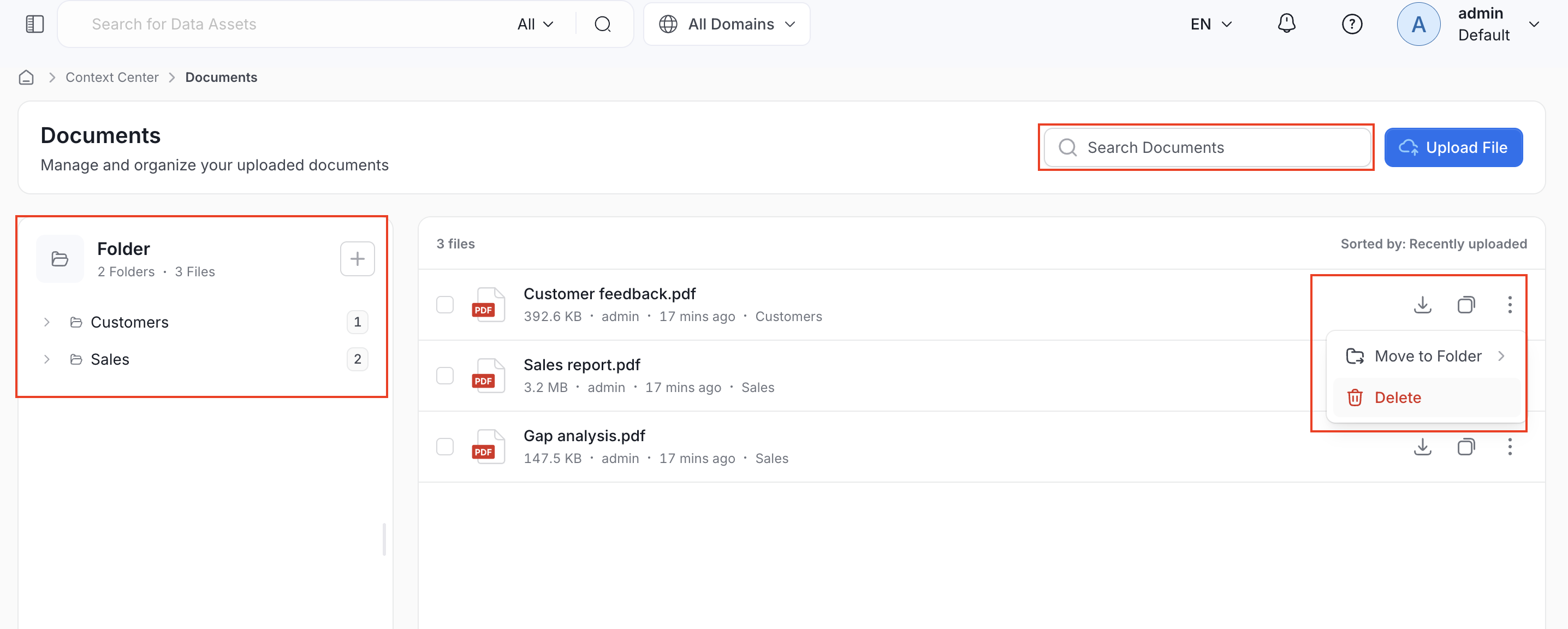 Manage a document from the file row menu