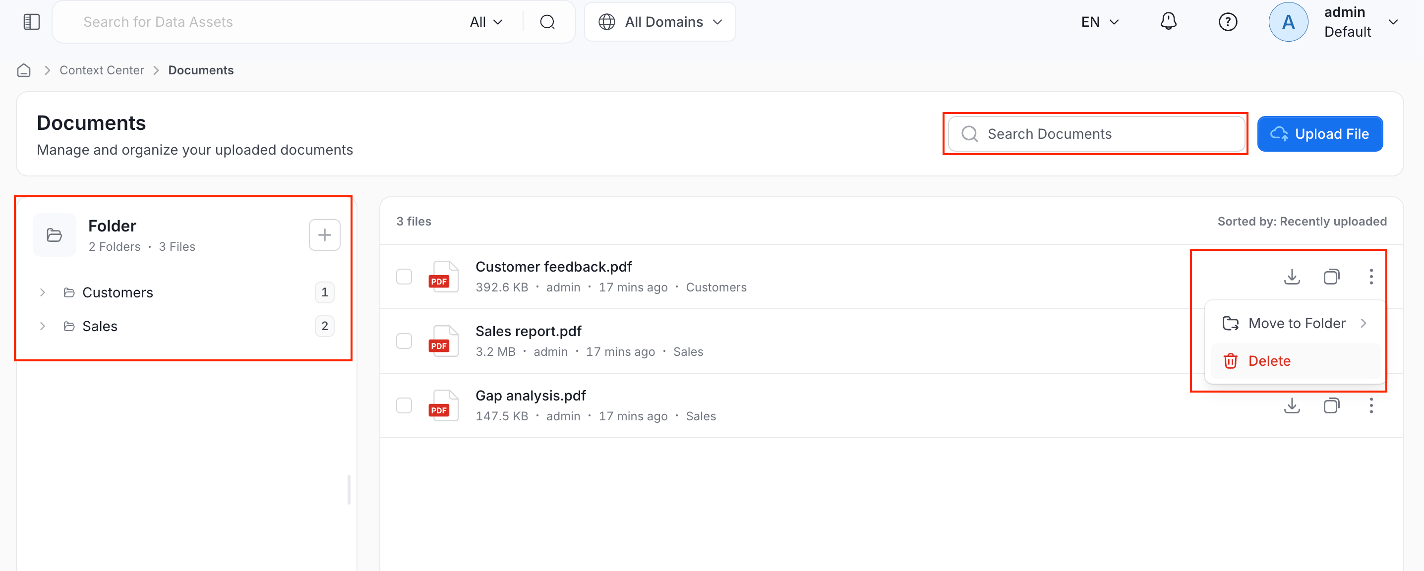 Manage a document from the file row menu
