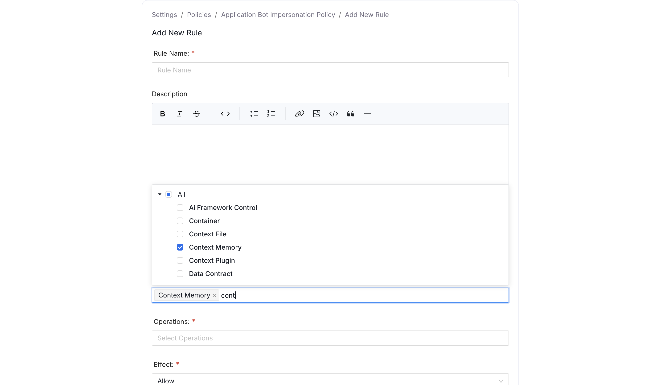 Context Memory resource in a Roles and Policies rule