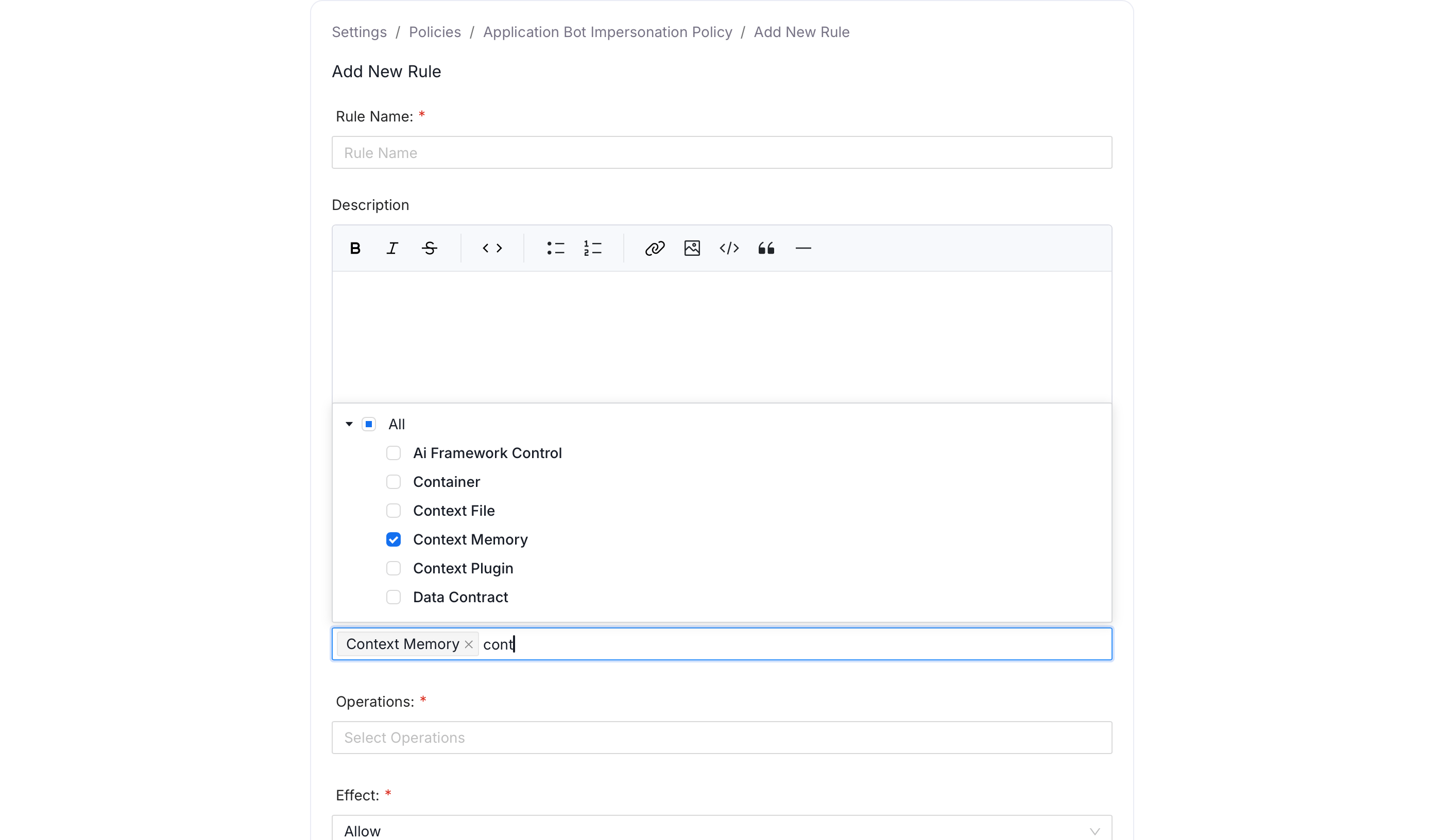Context Memory resource in a Roles and Policies rule