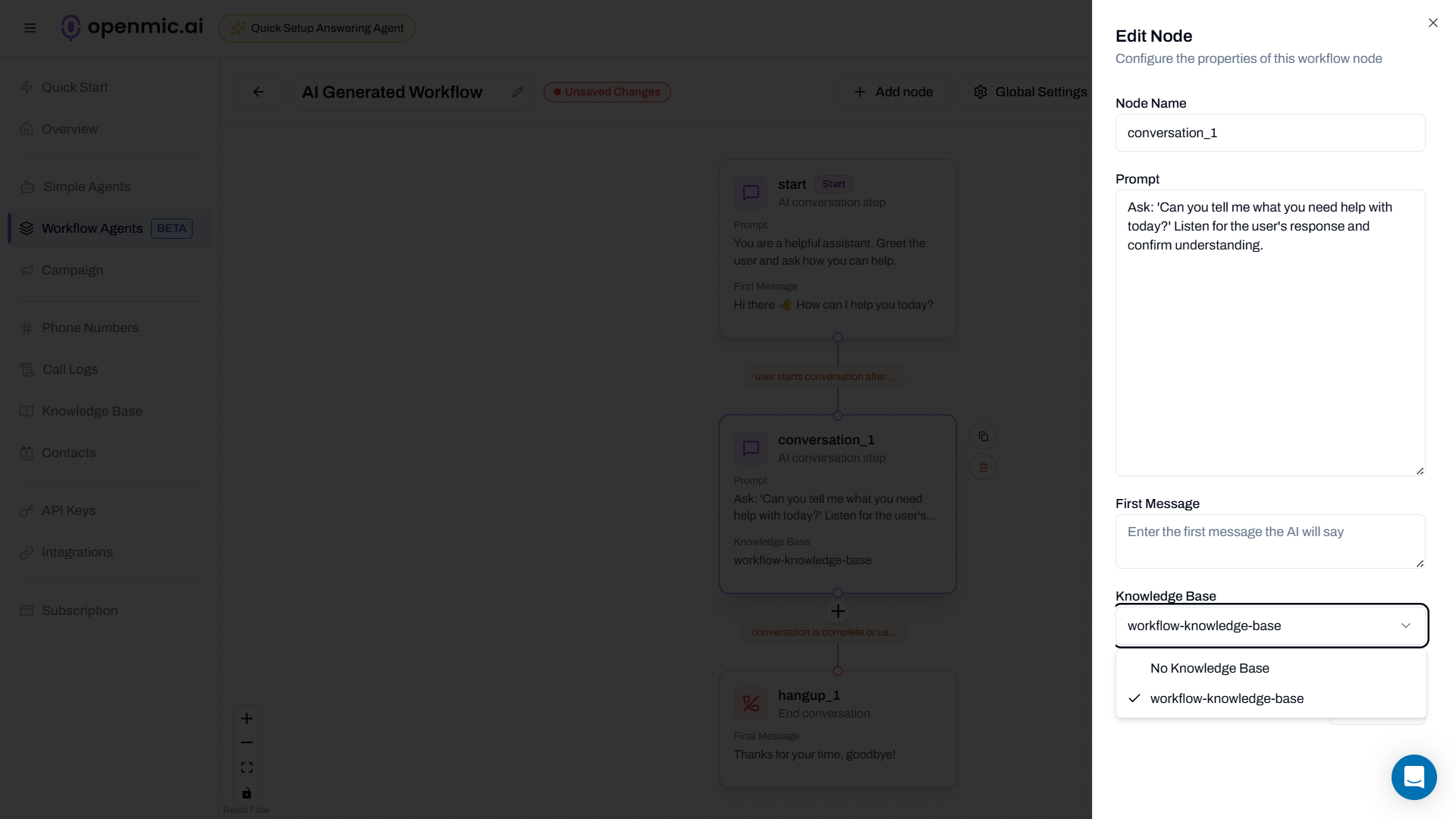 Add knowledge base to conversation node