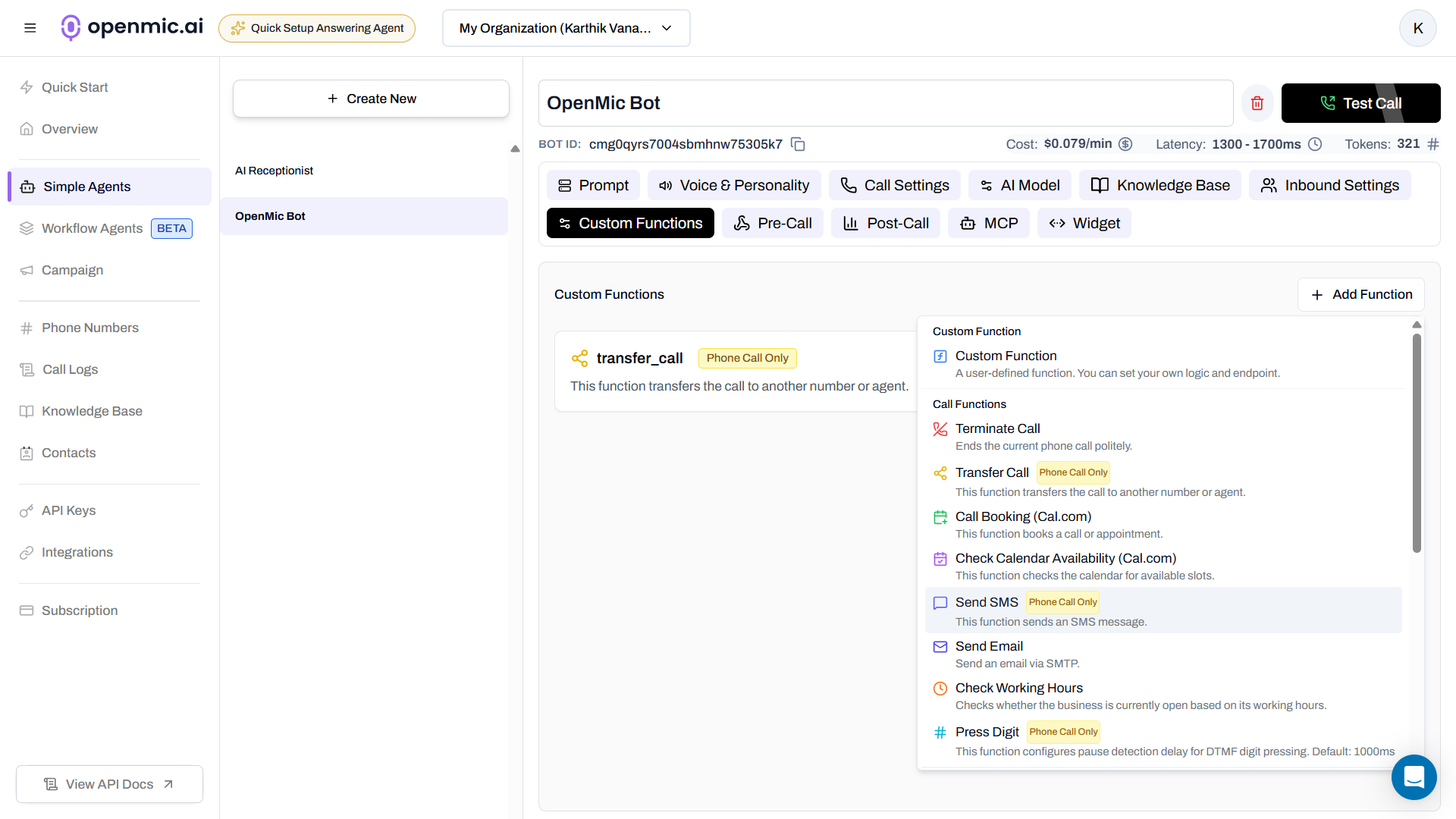 Select Send SMS Function