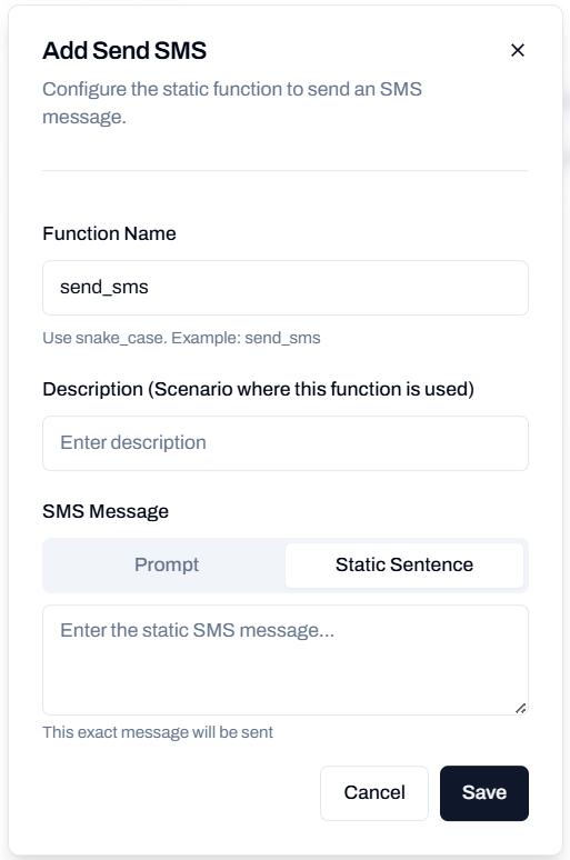 Send SMS Configuration Popup
