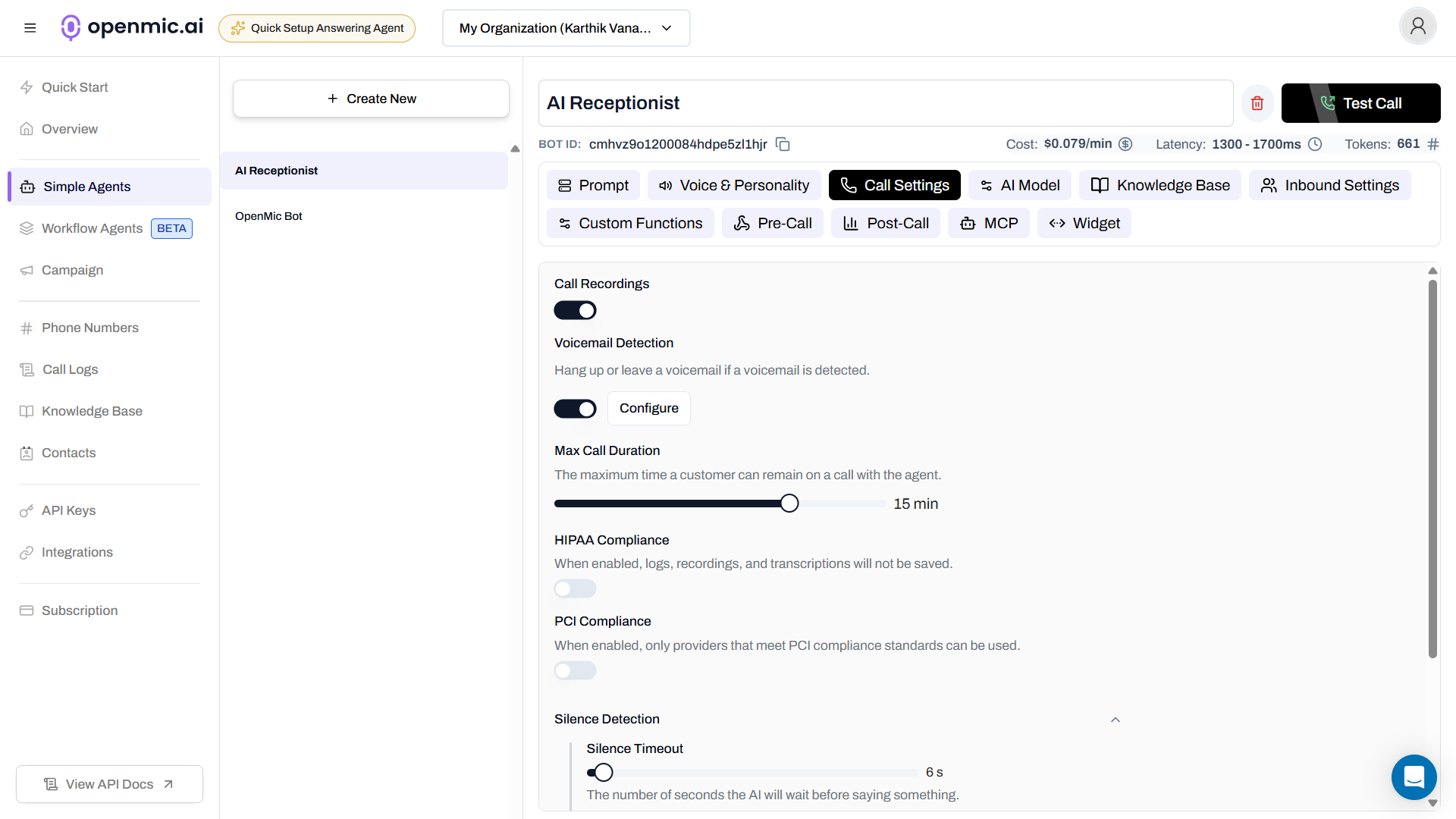 Simple Agents - Call Settings