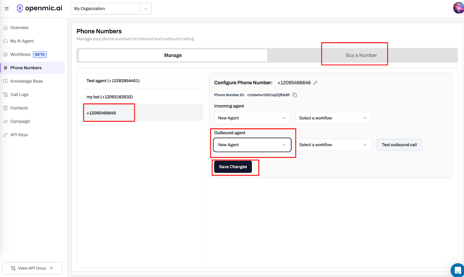 Buy phone number and link agent as outbound agent