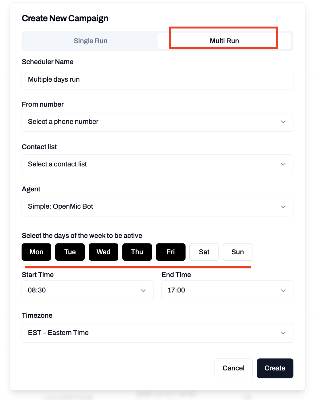 Configure Multi Run campaign with specific days, times, and timezone