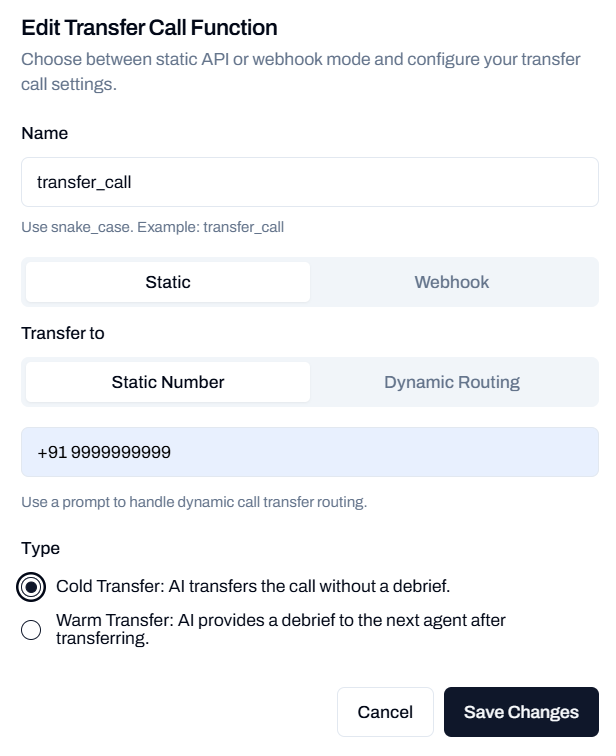 Editing transfer call configuration