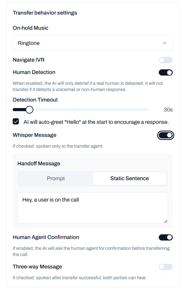 Transfer behavior configuration options