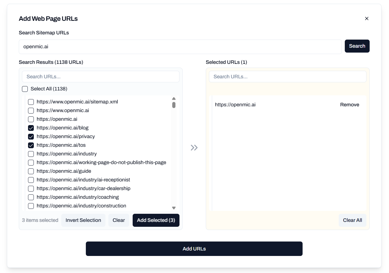 Add selected URLs to knowledge base