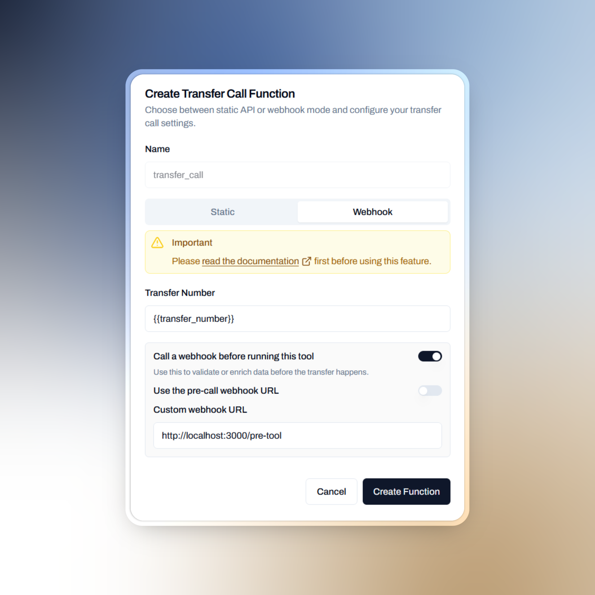 Showing the configuration for pre-tool webhook