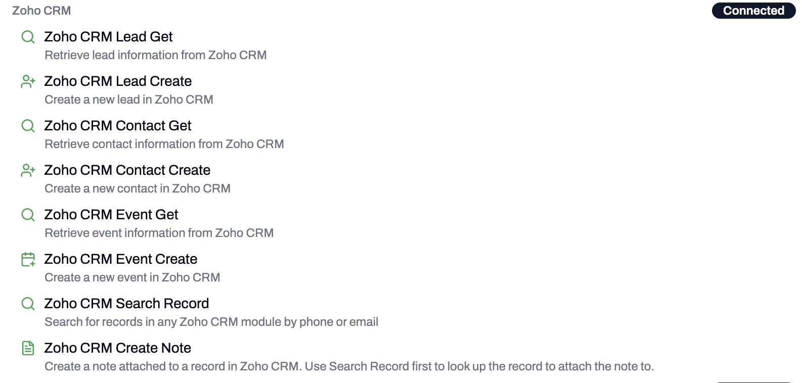 All available Zoho CRM functions