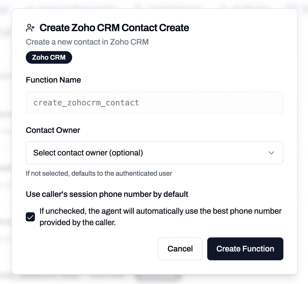 Zoho CRM Contact Create function configuration