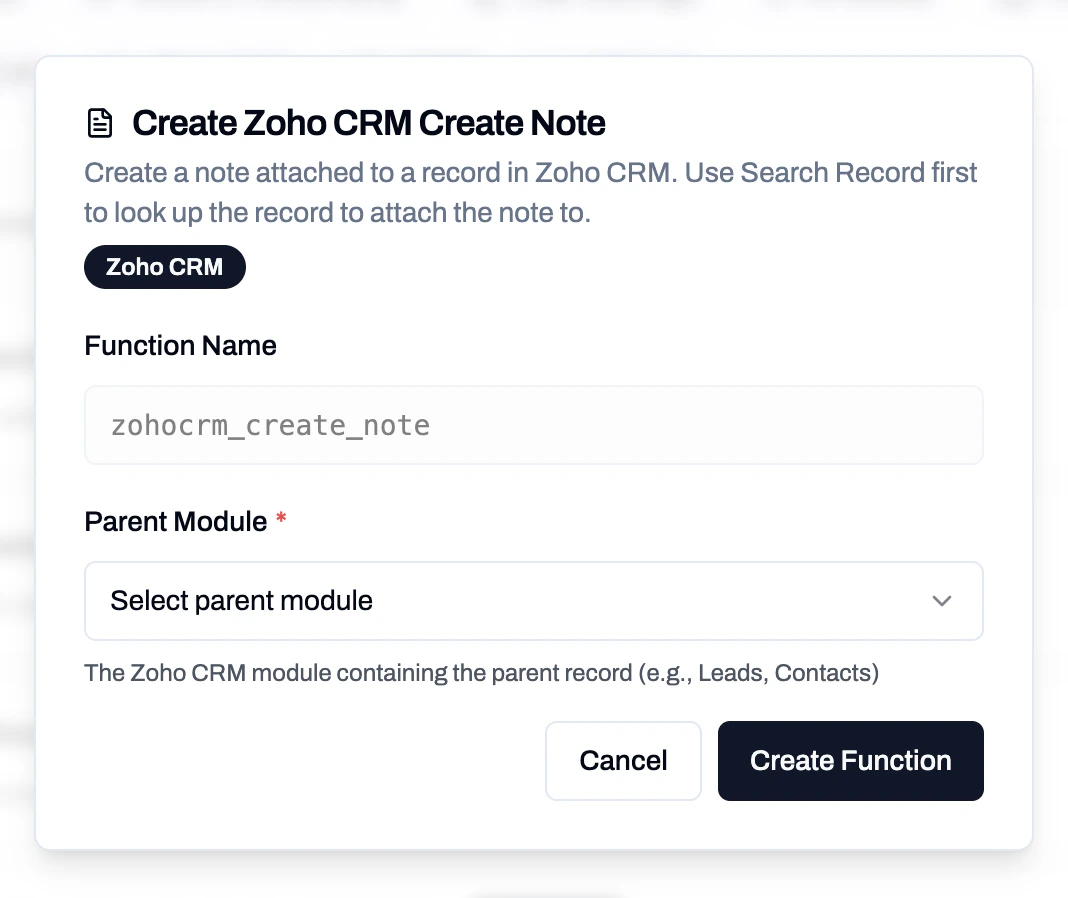 Zoho CRM Create Note function configuration