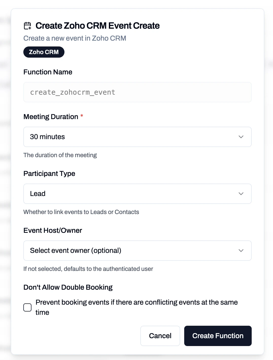 Zoho CRM Event Create function configuration