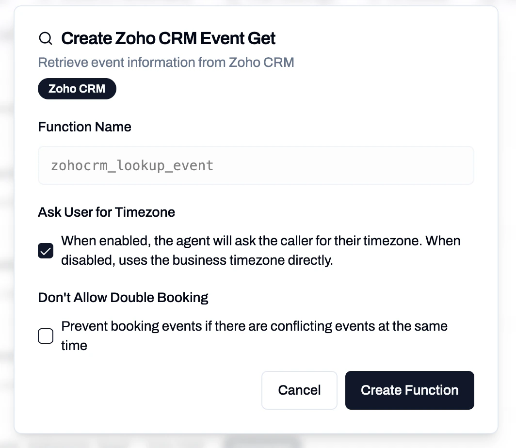 Zoho CRM Event Get function configuration