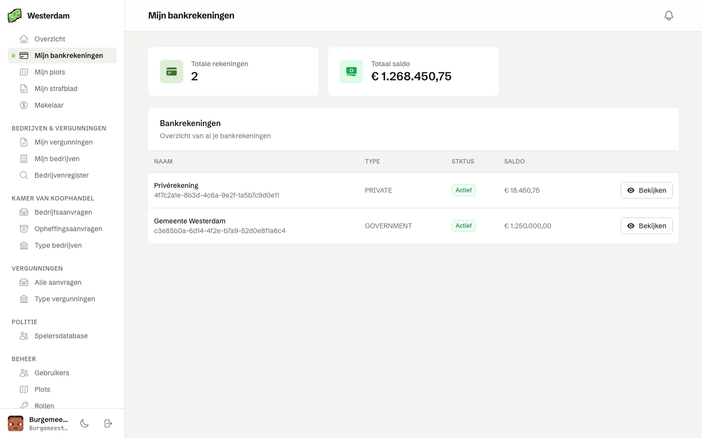 De pagina Mijn bankrekeningen met het aantal rekeningen, het totale saldo en een tabel met een privérekening en een overheidsrekening