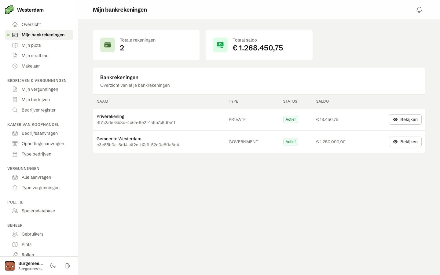 De pagina Mijn bankrekeningen met het aantal rekeningen, het totale saldo en een tabel met een privérekening en een overheidsrekening