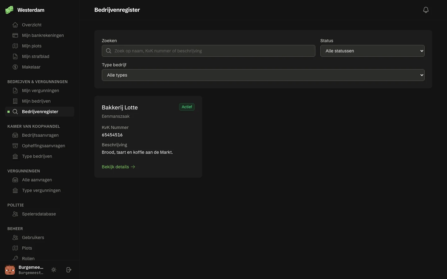 Het bedrijvenregister met zoeken op naam, KvK-nummer of beschrijving, filters op status en type, en een bedrijf met zijn KvK-nummer